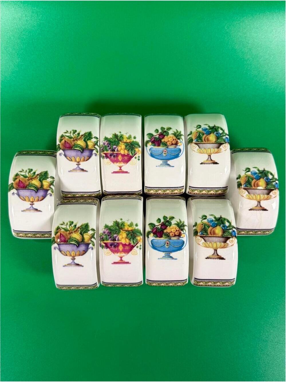 Set of 10 Vintage Casa Elite Porcelain Napkin Rings Fruit Neoclassical Tableware